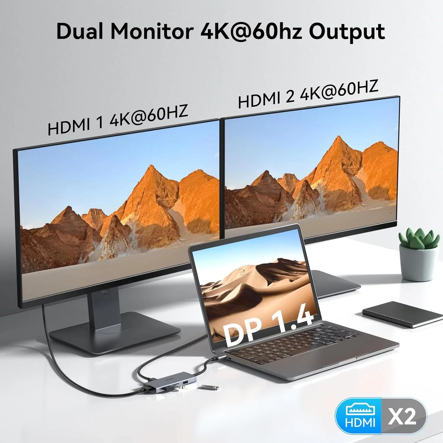 Docking Station to Dual HDMI Monitors Adapter, USB C to Dual HDMI Adapter 4K 60 Hz for Laptops Docking Station Dual Monitor with PD, 3 USB Port Compatible for HP Elitebook,Dell XPS 13 15 etc