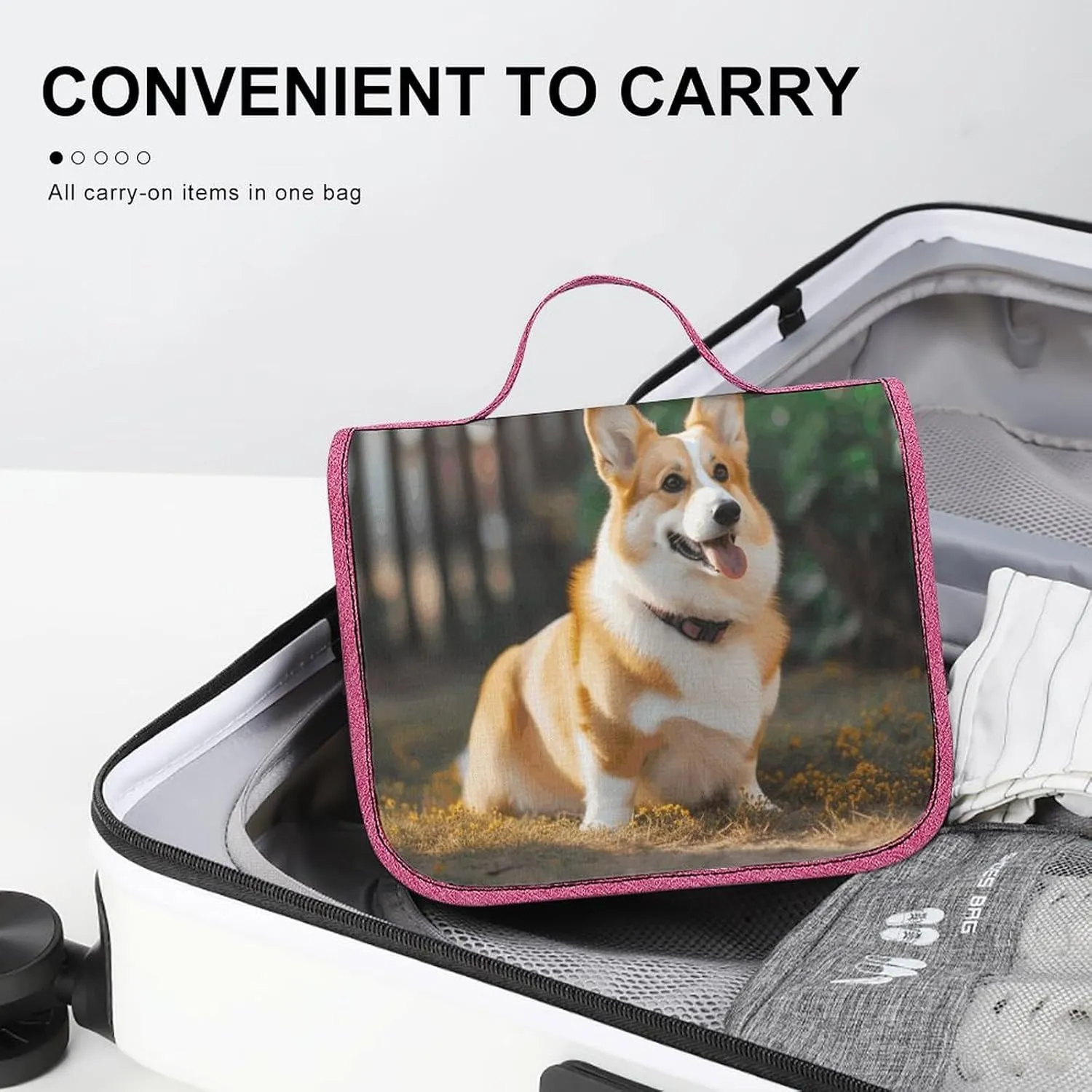Dog Corgi Travel Toiletry Bag for Women,Hanging Toiletry Organizer with Hook, Makeup Bag Travel Organizer for Shampoo,Toiletriesl