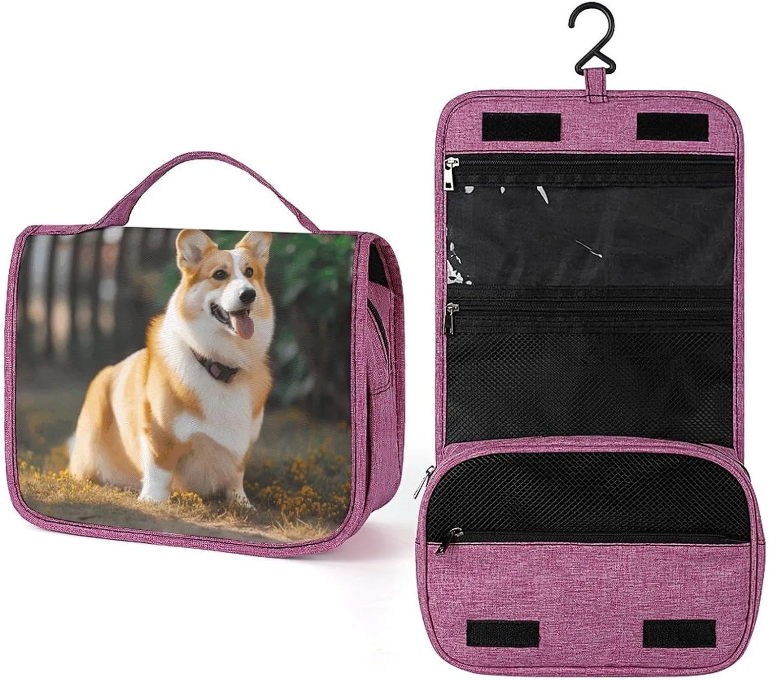 Dog Corgi Travel Toiletry Bag for Women,Hanging Toiletry Organizer with Hook, Makeup Bag Travel Organizer for Shampoo,Toiletriesl
