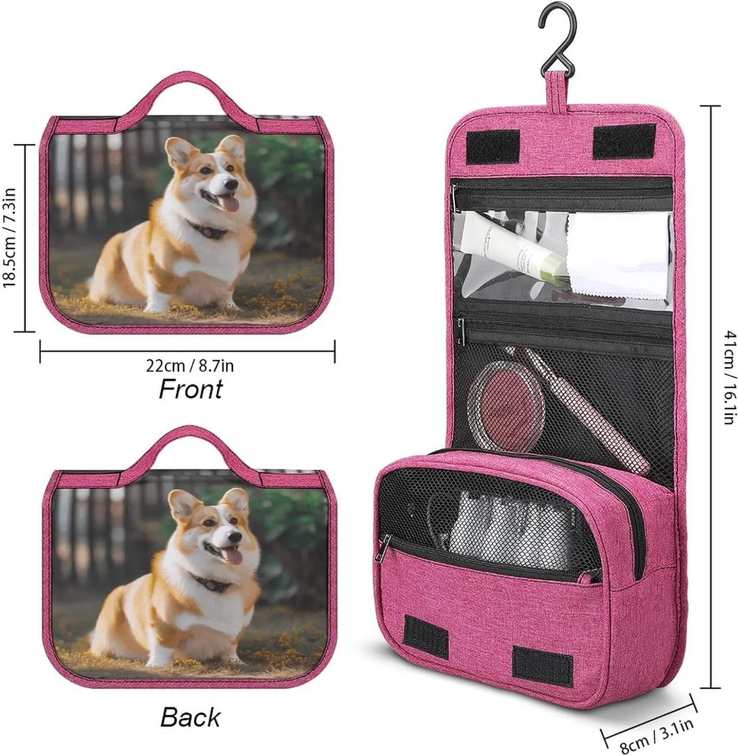 Dog Corgi Travel Toiletry Bag for Women,Hanging Toiletry Organizer with Hook, Makeup Bag Travel Organizer for Shampoo,Toiletriesl