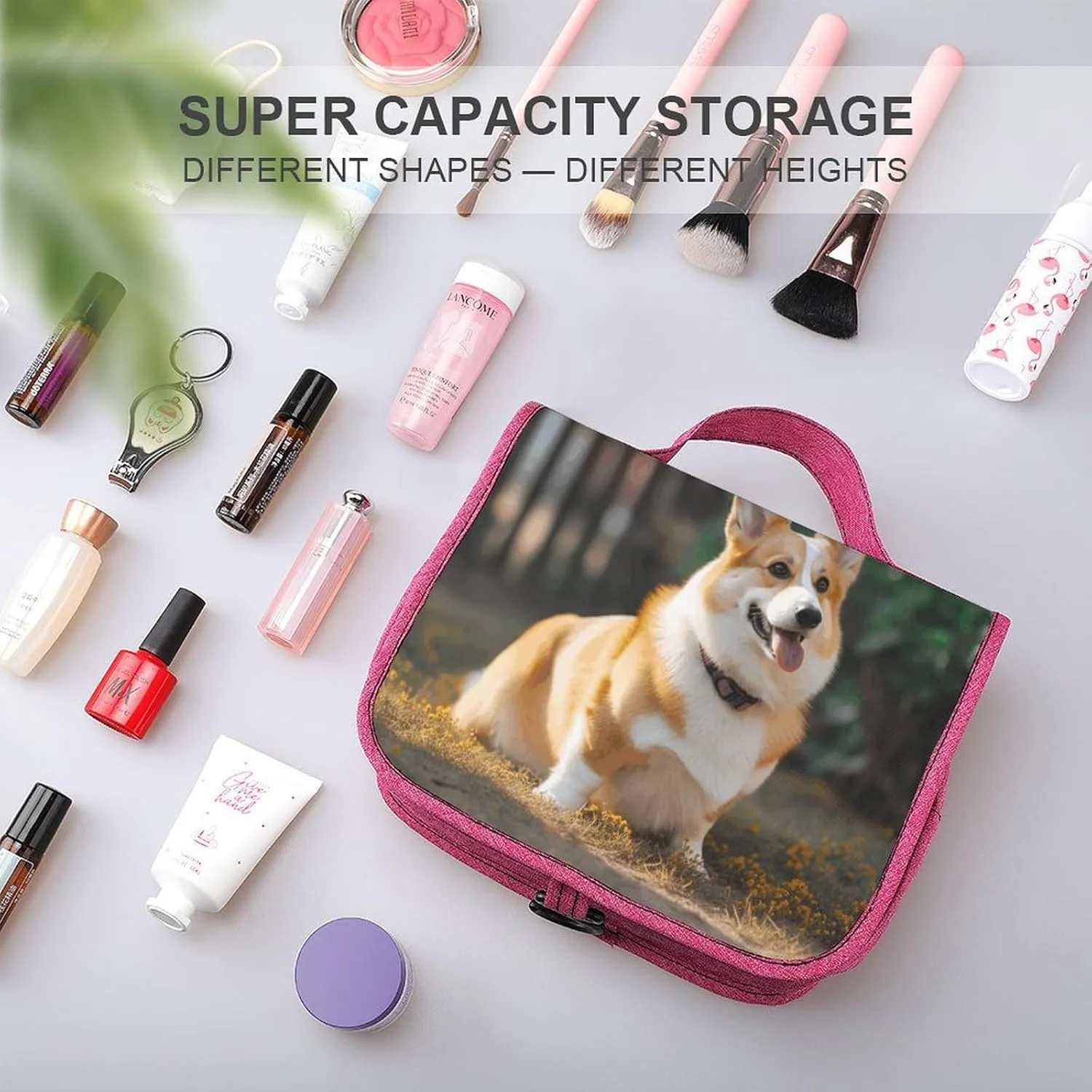 Dog Corgi Travel Toiletry Bag for Women,Hanging Toiletry Organizer with Hook, Makeup Bag Travel Organizer for Shampoo,Toiletriesl