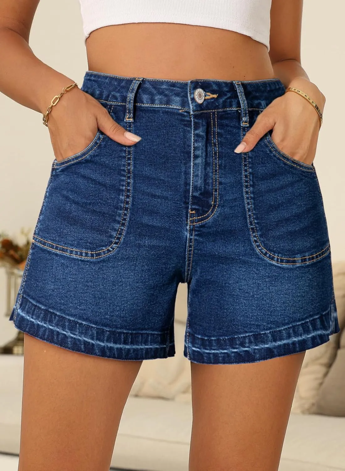 Dokotoo Womens Jean Shorts Stretchy High Waisted 2025 Straight Leg Frayed Raw Hem Casual Denim Shorts with Pockets