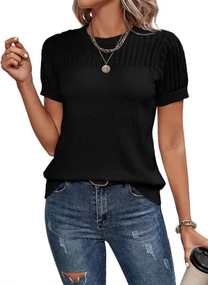 Dokotoo Womens Summer Tops Dressy Casual Crewneck Short Sleeve Shirts Solid Hollow Out Knit Loose Sweater Blouses