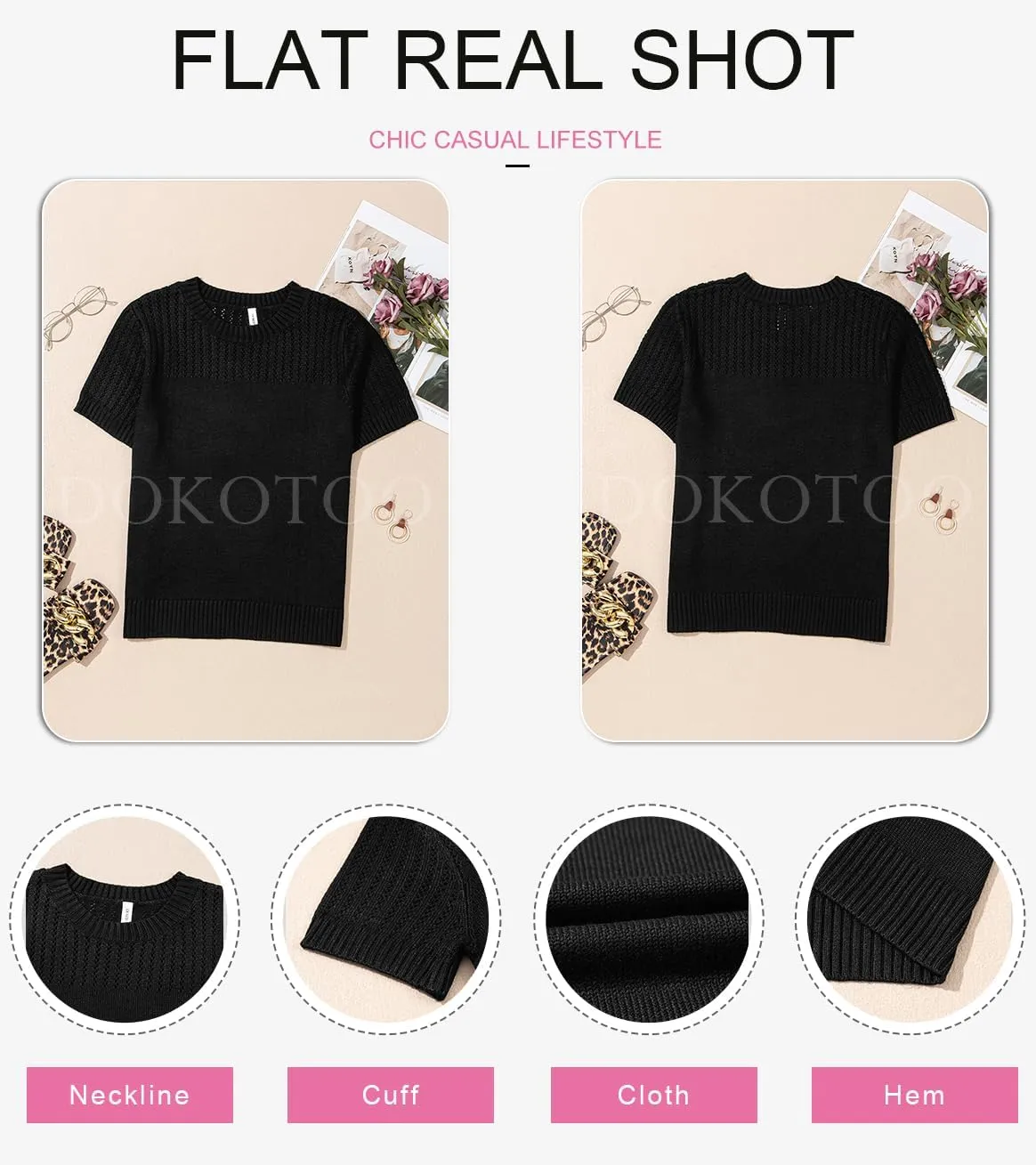 Dokotoo Womens Summer Tops Dressy Casual Crewneck Short Sleeve Shirts Solid Hollow Out Knit Loose Sweater Blouses