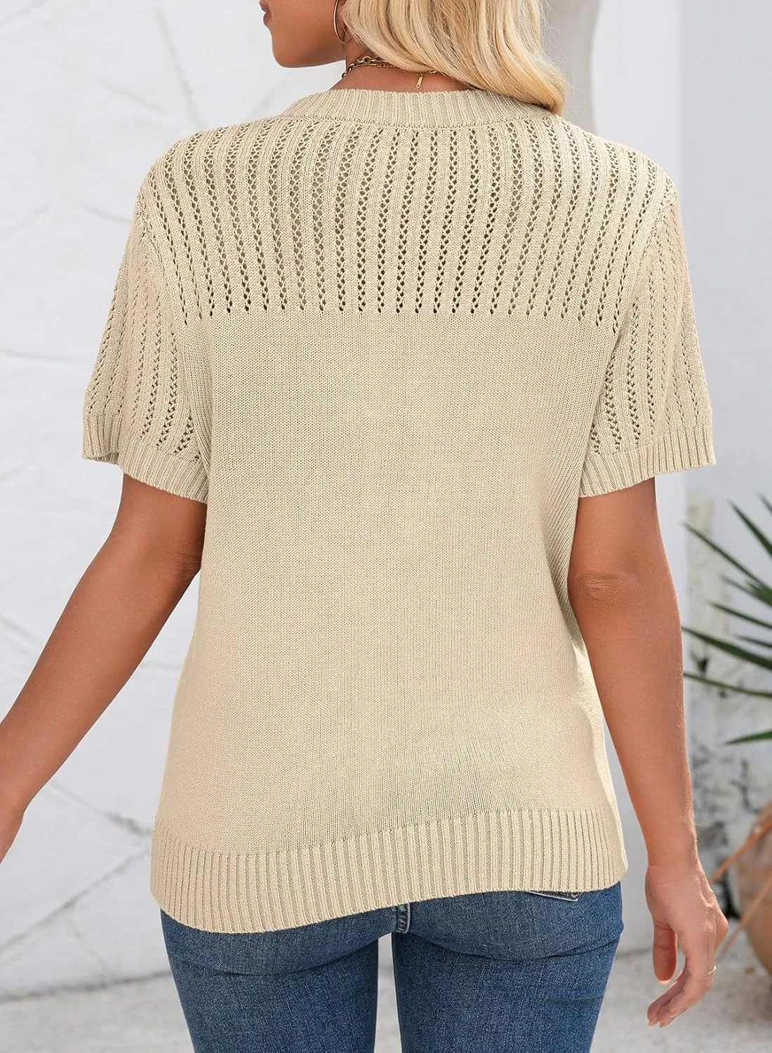 Dokotoo Womens Summer Tops Dressy Casual Crewneck Short Sleeve Shirts Solid Hollow Out Knit Loose Sweater Blouses