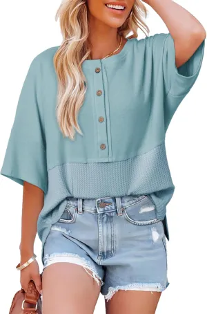 Dokotoo Womens Waffle Knit Tops 2025 Fashion 3/4 Sleeve Casual Button Down Shirts Crew Neck Oversized Patchwork Blouses
