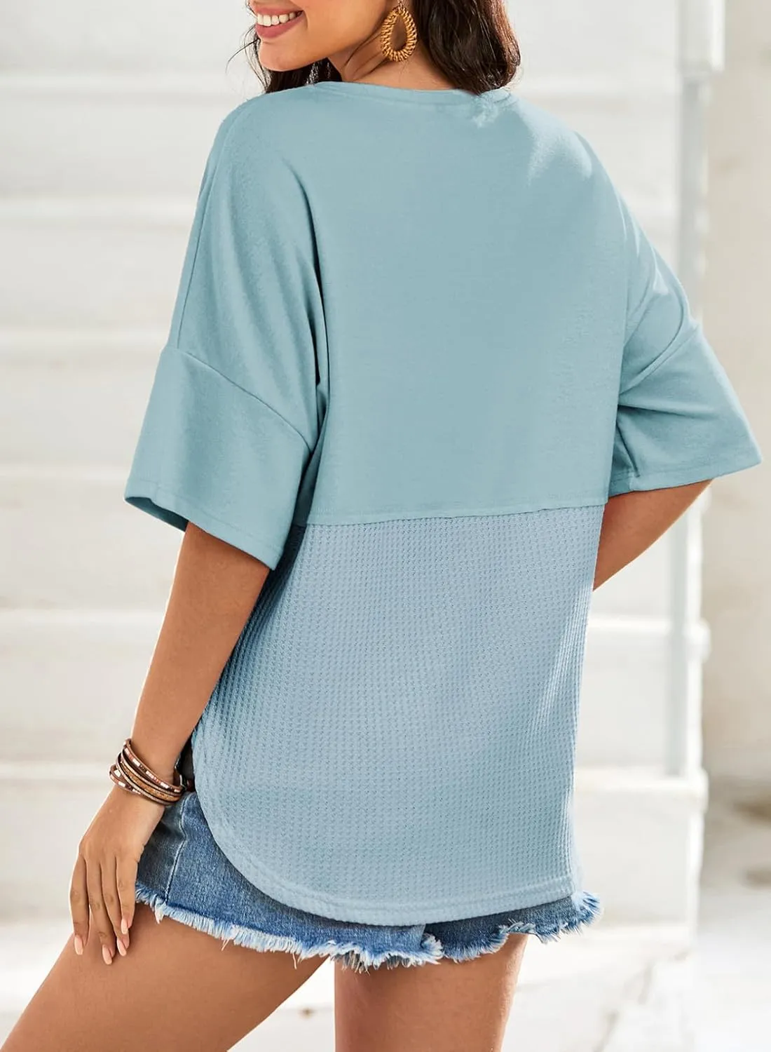 Dokotoo Womens Waffle Knit Tops 2025 Fashion 3/4 Sleeve Casual Button Down Shirts Crew Neck Oversized Patchwork Blouses