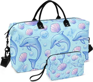 Dolphin Seashell Bubble Lightblue Sports Gym Bag for Women Men Travel Duffel Bag Weekend Overnight Carry on Bag with Toiletry Bag Hospital Bag for Swimming Yoga Workout Plane Hospital