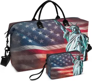 DOMIKING American Flag Statue Of Liberty Travel Duffle Bag Foldable Weekender Overnight Bags for Women Men Carry On Luggage Bag Personal Item Bag with Toiletry Bag for Sports Trip Weekend, 2 Pcs