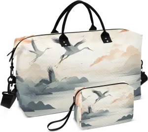 DOMIKING Asian Crane Travel Duffle Bag Foldable Weekender Overnight Bags for Women Men Carry On Tote Bag Personal Item Travel Bag with Toiletry Bag for Travel Men Business, 2 Pcs