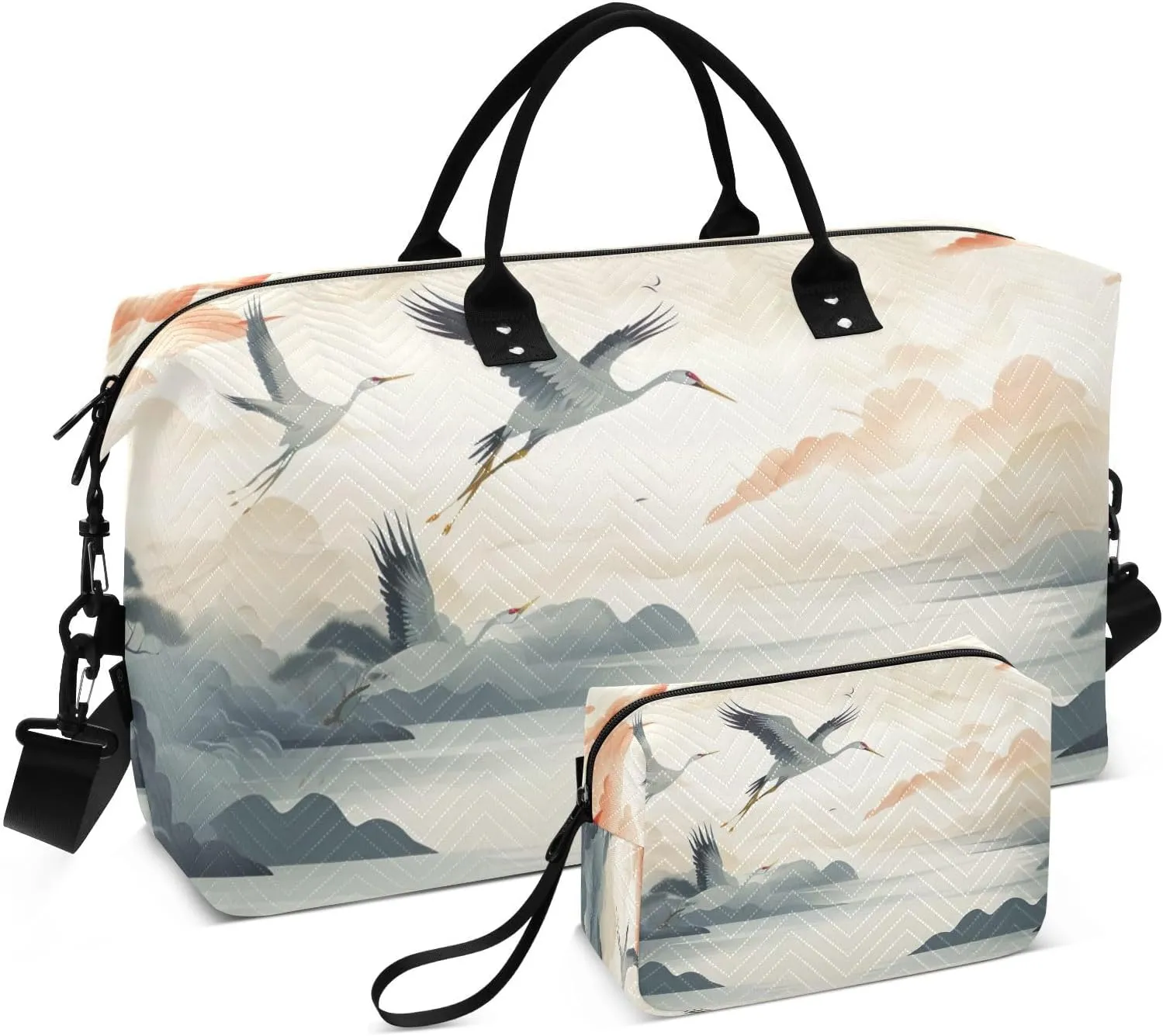 DOMIKING Asian Crane Travel Duffle Bag Foldable Weekender Overnight Bags for Women Men Carry On Tote Bag Personal Item Travel Bag with Toiletry Bag for Travel Men Business, 2 Pcs