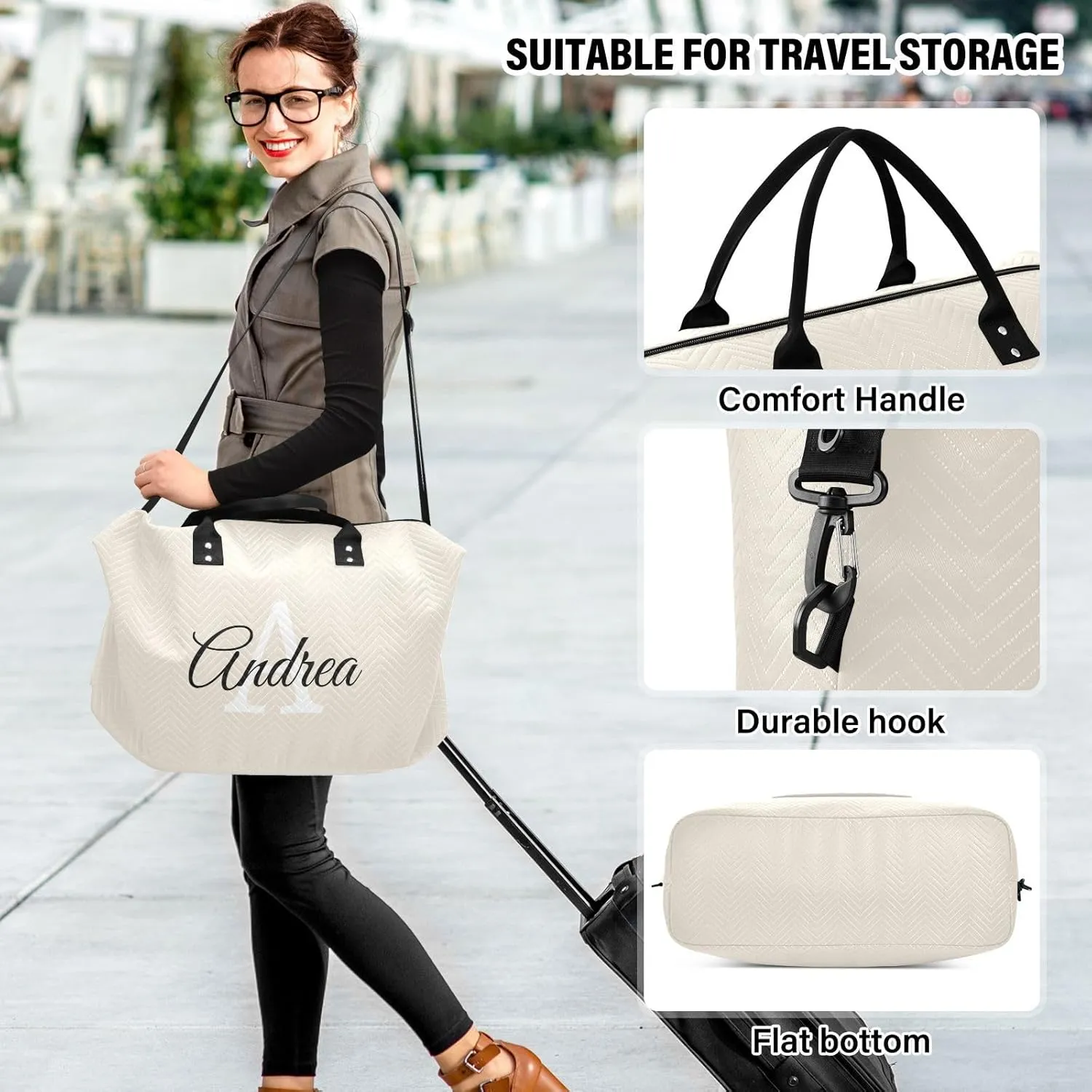 DOMIKING Beige Personalized Duffel Bag Foldable Weekender Bag Overnight Bags for Women Men Custom Sport Gym Bag with Toiletry Bag for Weekend Sport Business Trip, 2 Pcs
