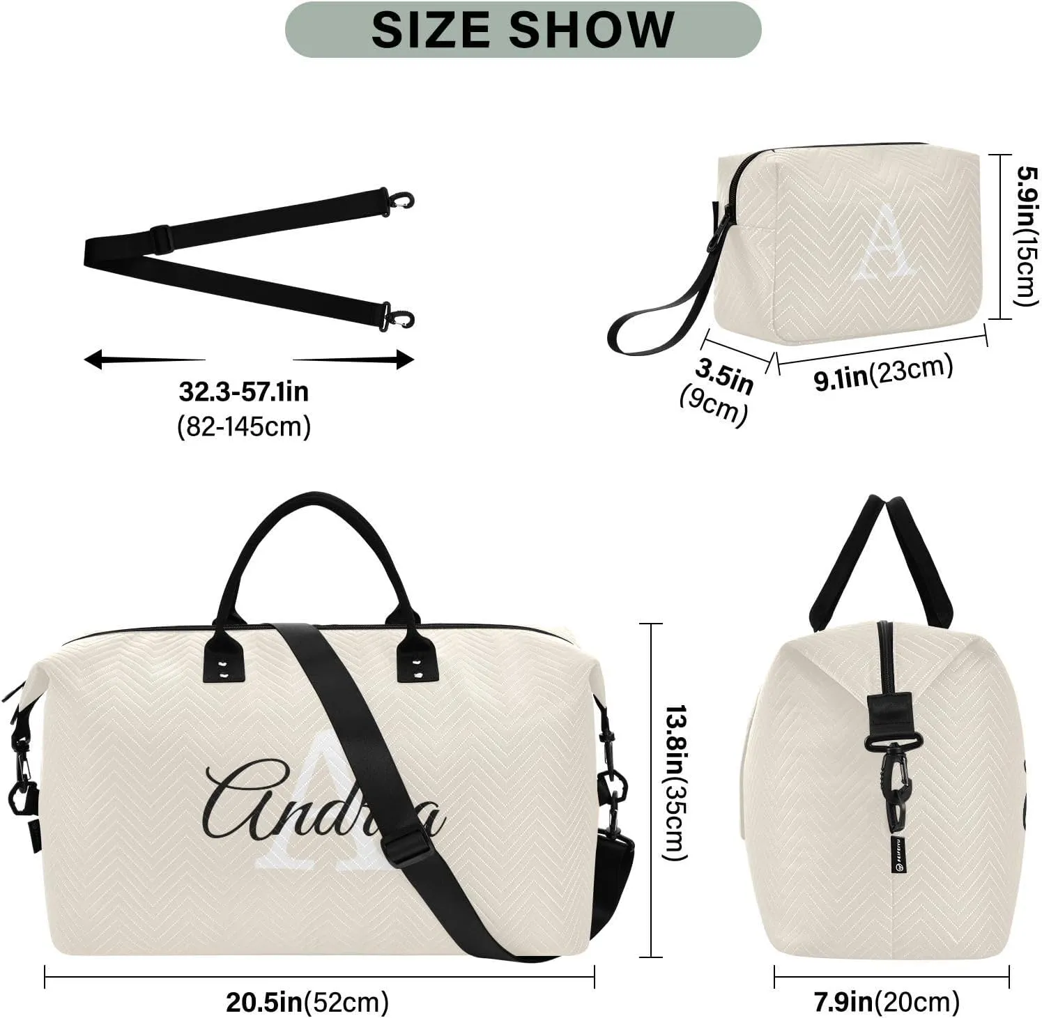 DOMIKING Beige Personalized Duffel Bag Foldable Weekender Bag Overnight Bags for Women Men Custom Sport Gym Bag with Toiletry Bag for Weekend Sport Business Trip, 2 Pcs