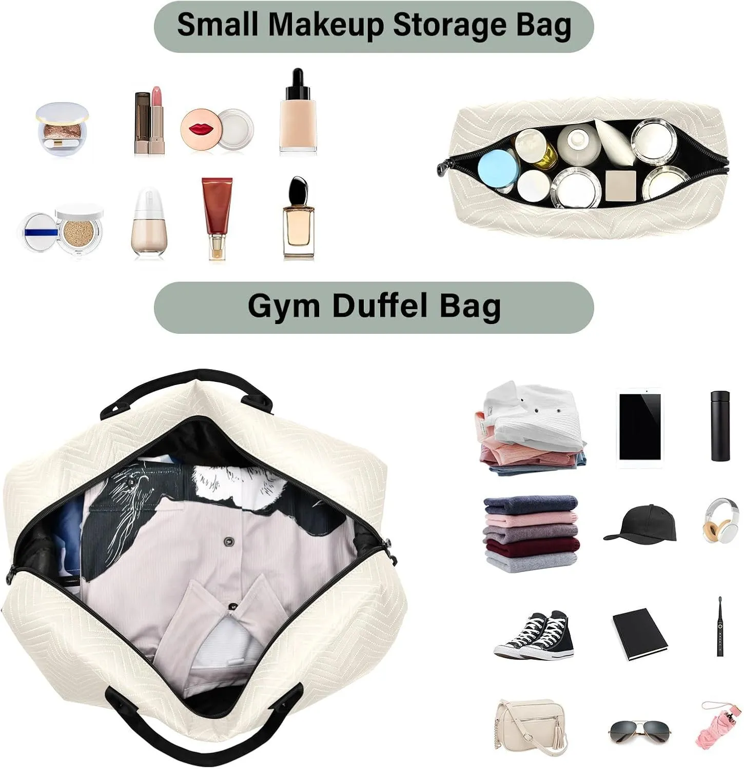 DOMIKING Beige Personalized Duffel Bag Foldable Weekender Bag Overnight Bags for Women Men Custom Sport Gym Bag with Toiletry Bag for Weekend Sport Business Trip, 2 Pcs