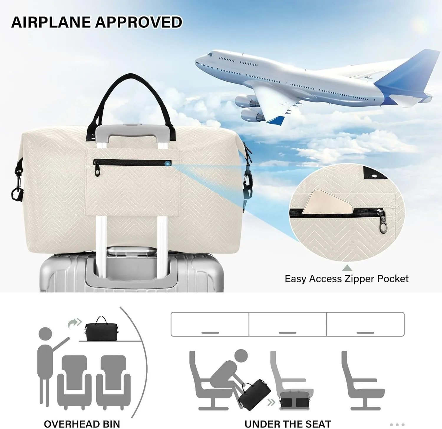 DOMIKING Beige Personalized Duffel Bag Foldable Weekender Bag Overnight Bags for Women Men Custom Sport Gym Bag with Toiletry Bag for Weekend Sport Business Trip, 2 Pcs