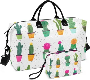 DOMIKING Cactus Succulents Flora Travel Duffle Bag Foldable Weekender Overnight Bags for Women Men Carry On Luggage Bag Personal Item Travel Bag with Toiletry Bag for Yoga Business Travel, 2 Pcs