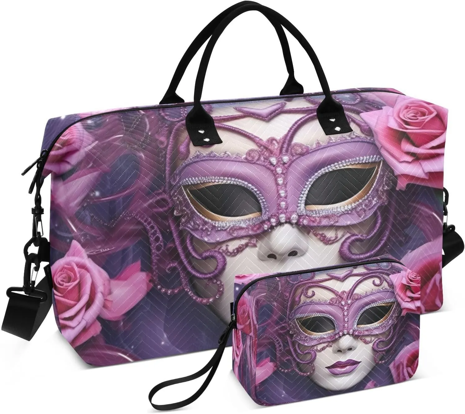 DOMIKING Carnival Party Purple Travel Duffle Bag Foldable Weekender Overnight Bags for Women Men Carry On Bag Personal Item Travel Bag with Toiletry Bag for Weekend Business Trip, 2 Pcs
