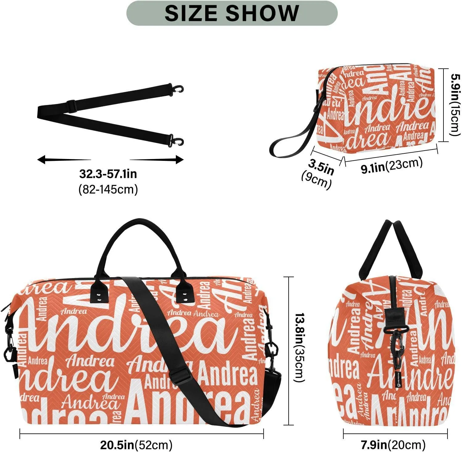 DOMIKING Dark Orange Personalized Duffel Bag Foldable Weekender Bag Overnight Bags for Women Men Custom Sport Gym Bag with Toiletry Bag for Travel Men Business, 2 Pcs