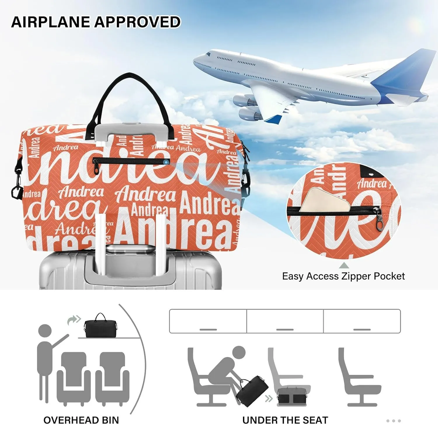 DOMIKING Dark Orange Personalized Duffel Bag Foldable Weekender Bag Overnight Bags for Women Men Custom Sport Gym Bag with Toiletry Bag for Travel Men Business, 2 Pcs