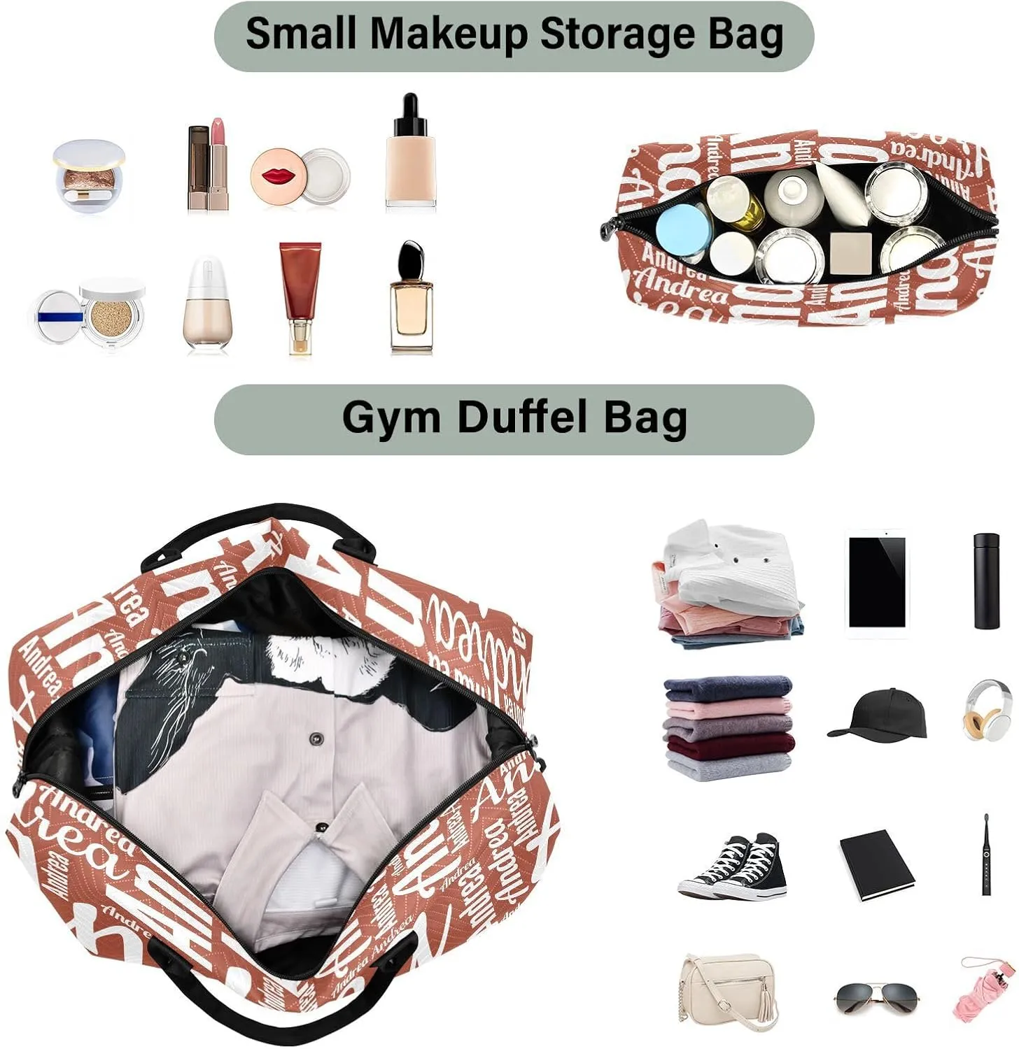 DOMIKING Dark Red Personalized Duffel Bag Foldable Weekender Bag Overnight Bags for Women Men Custom Gym Bag with Toiletry Bag for Travel Men Business, 2 Pcs