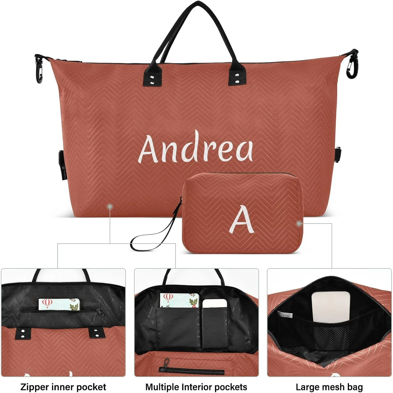 DOMIKING Dark Red Personalized Duffel Bag Foldable Weekender Bag Overnight Bags for Women Men Custom Travel Bag with Toiletry Bag for Business Hospital Trip, 2 Pcs
