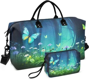 DOMIKING Flora Leaves Butterfly Travel Duffle Bag Foldable Weekender Overnight Bags for Women Men Carry On Luggage Bag Personal Item Travel Bag with Toiletry Bag for Business Trip Travel Gym, 2 Pcs