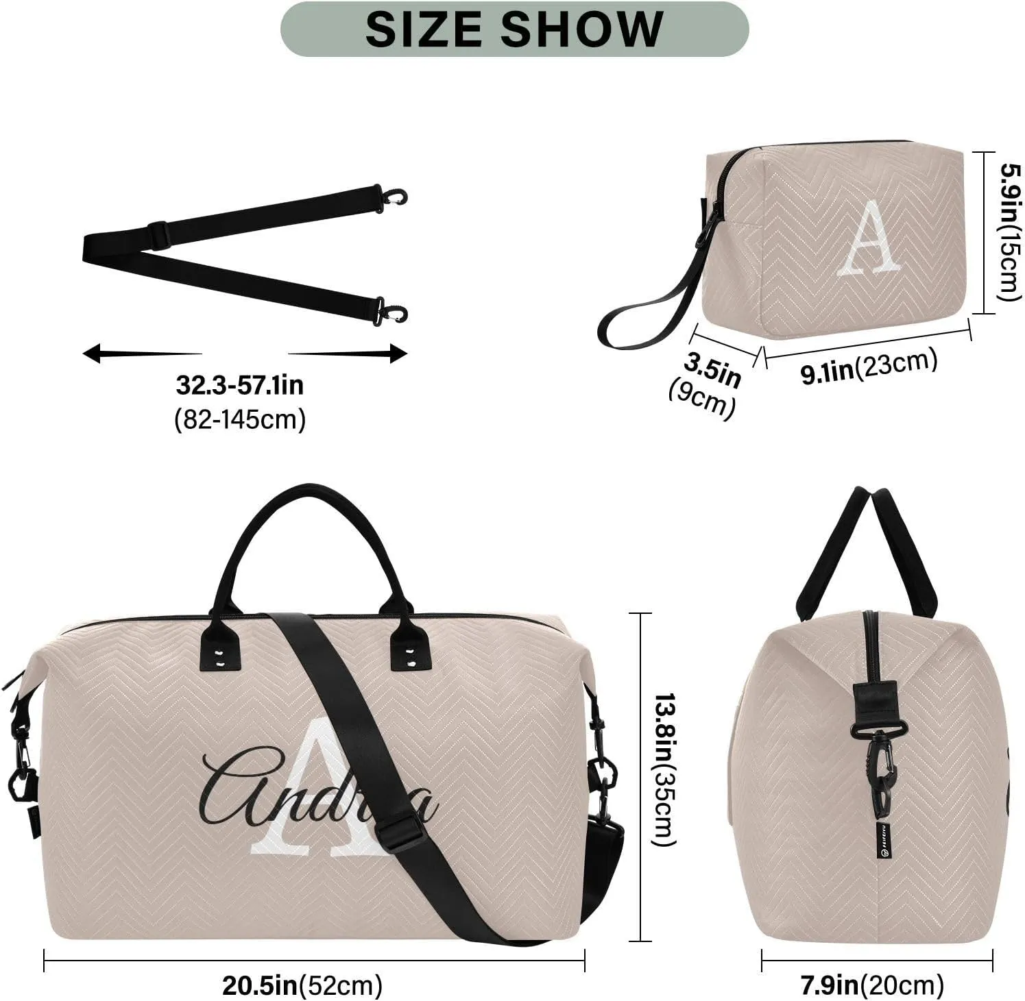 DOMIKING Gray Peach Personalized Duffel Bag Foldable Weekender Bag Overnight Bags for Women Men Custom Gym Bag with Toiletry Bag for Trip Business Weekend, 2 Pcs