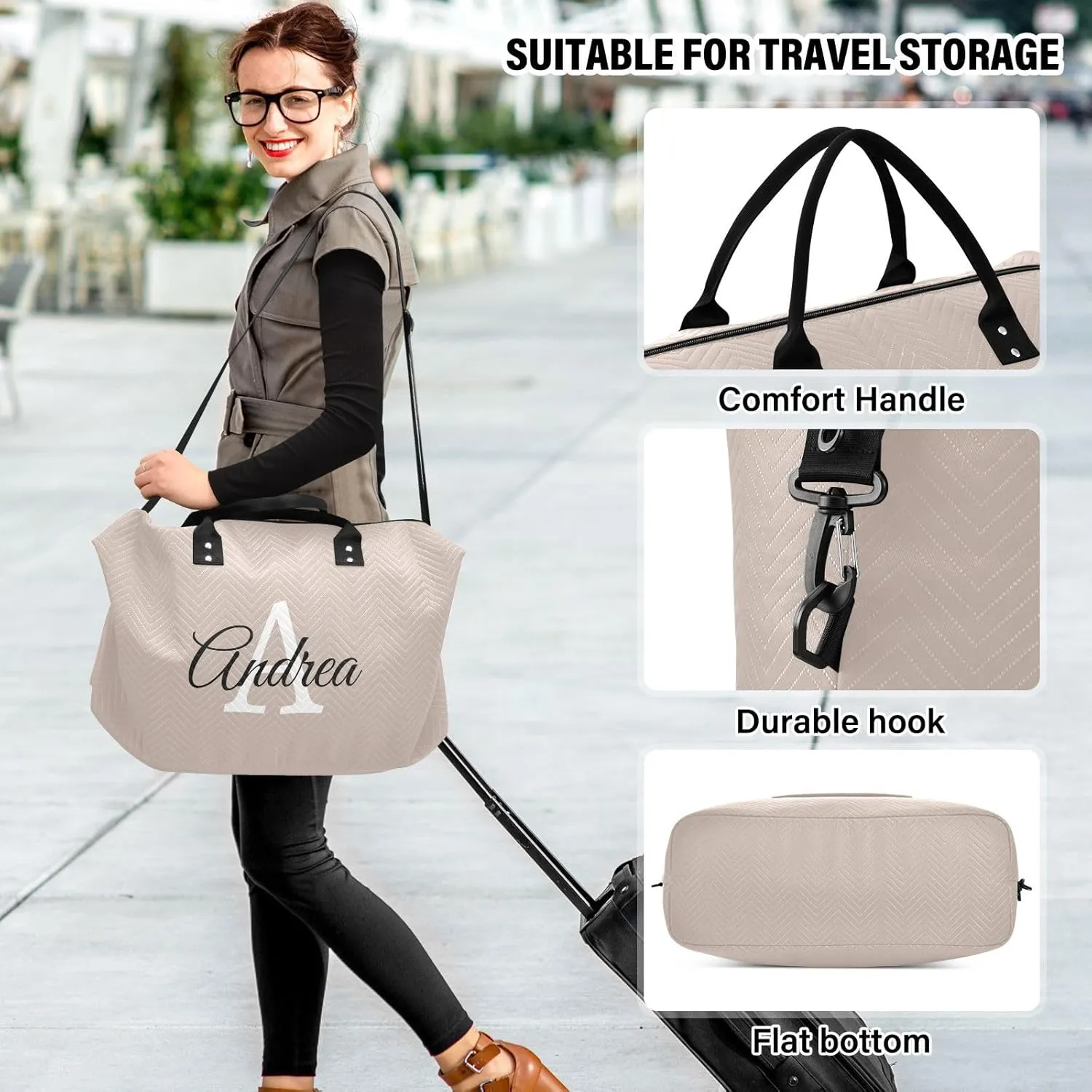 DOMIKING Gray Peach Personalized Duffel Bag Foldable Weekender Bag Overnight Bags for Women Men Custom Gym Bag with Toiletry Bag for Trip Business Weekend, 2 Pcs