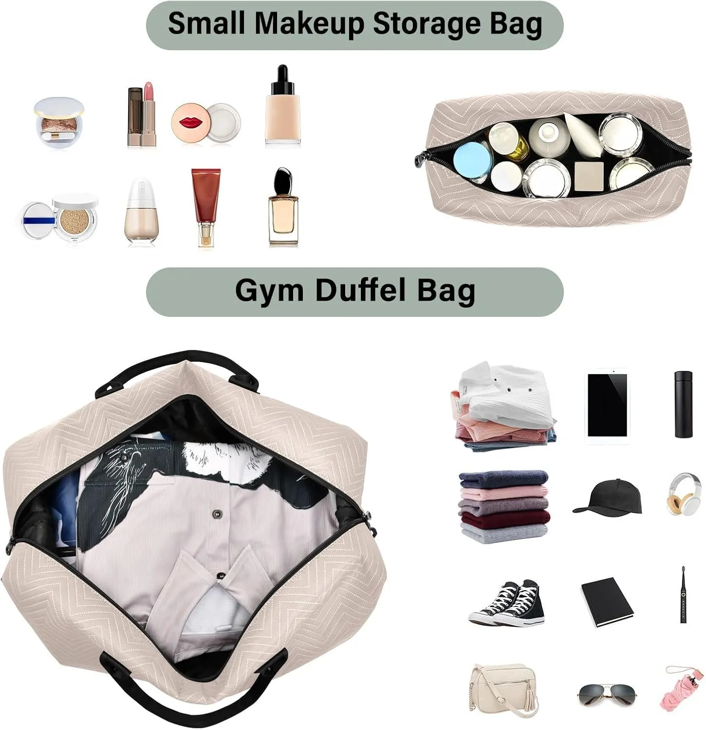 DOMIKING Gray Peach Personalized Duffel Bag Foldable Weekender Bag Overnight Bags for Women Men Custom Gym Bag with Toiletry Bag for Trip Business Weekend, 2 Pcs