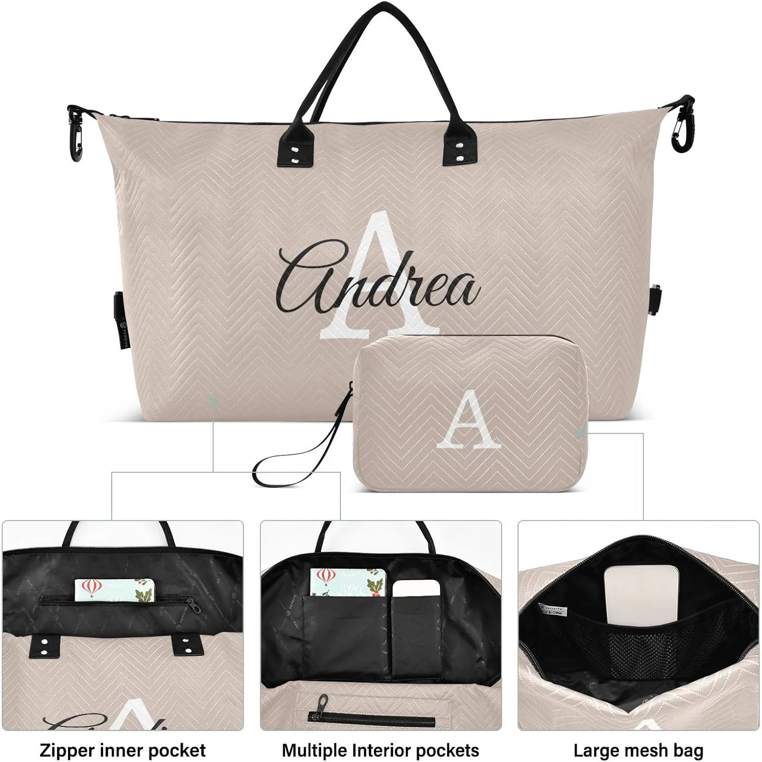 DOMIKING Gray Peach Personalized Duffel Bag Foldable Weekender Bag Overnight Bags for Women Men Custom Gym Bag with Toiletry Bag for Trip Business Weekend, 2 Pcs