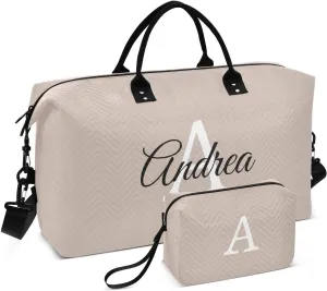 DOMIKING Gray Peach Personalized Duffel Bag Foldable Weekender Bag Overnight Bags for Women Men Custom Gym Bag with Toiletry Bag for Trip Business Weekend, 2 Pcs