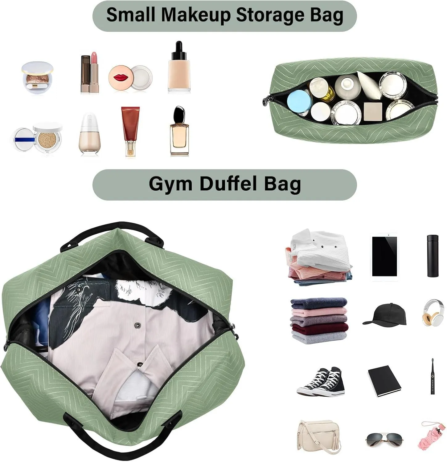 DOMIKING Green Personalized Duffel Bag Foldable Weekender Bag Overnight Bags for Women Men Custom Sport Gym Bag with Toiletry Bag for Business Trip Travel, 2 Pcs