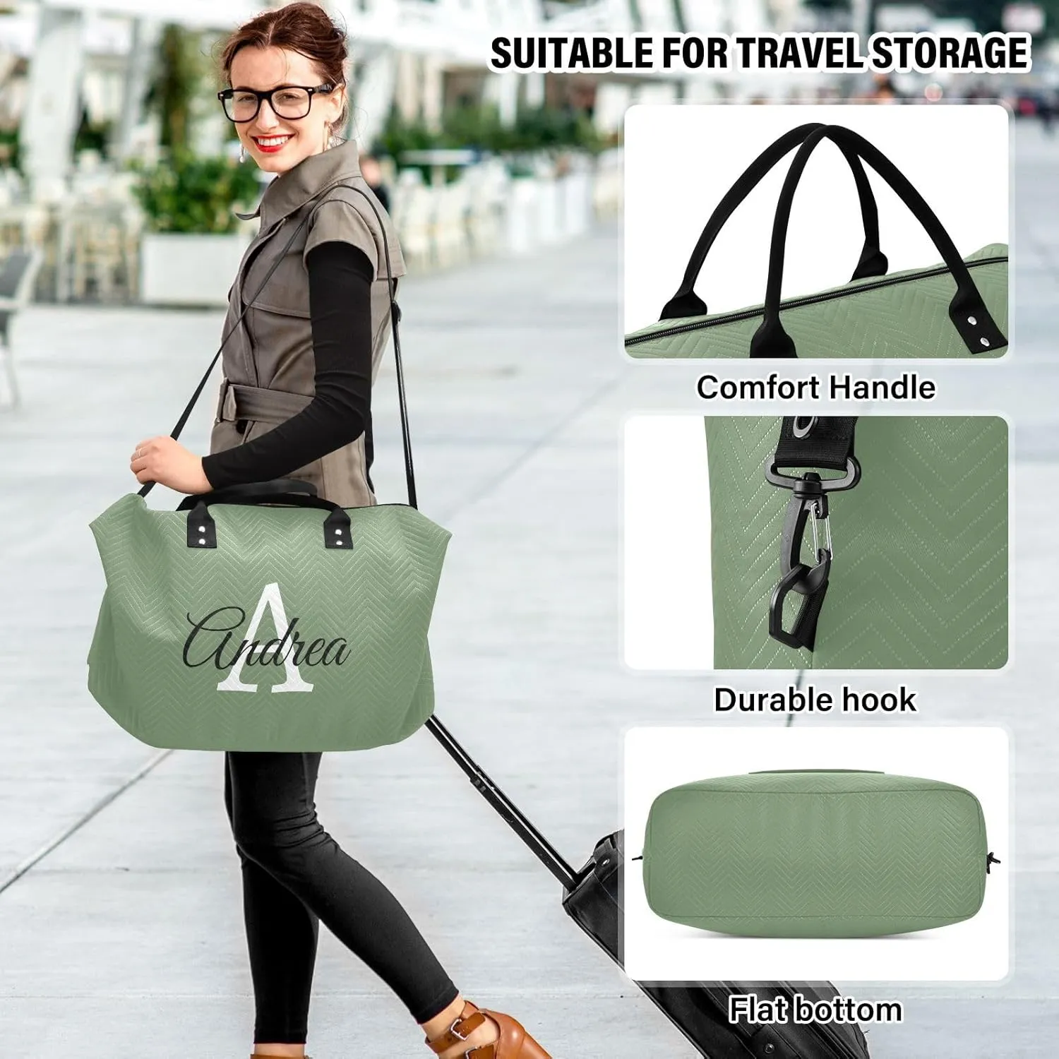 DOMIKING Green Personalized Duffel Bag Foldable Weekender Bag Overnight Bags for Women Men Custom Sport Gym Bag with Toiletry Bag for Business Trip Travel, 2 Pcs