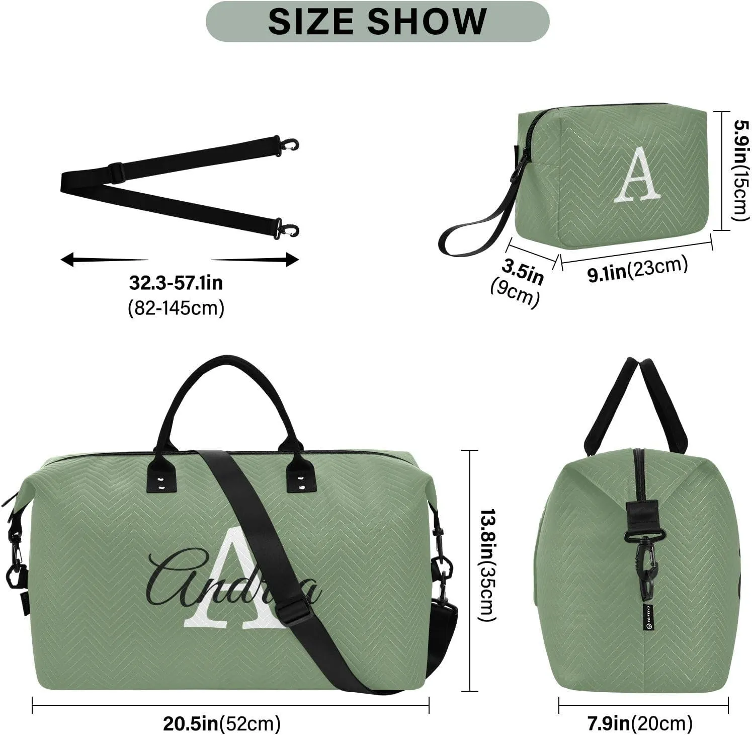 DOMIKING Green Personalized Duffel Bag Foldable Weekender Bag Overnight Bags for Women Men Custom Sport Gym Bag with Toiletry Bag for Business Trip Travel, 2 Pcs