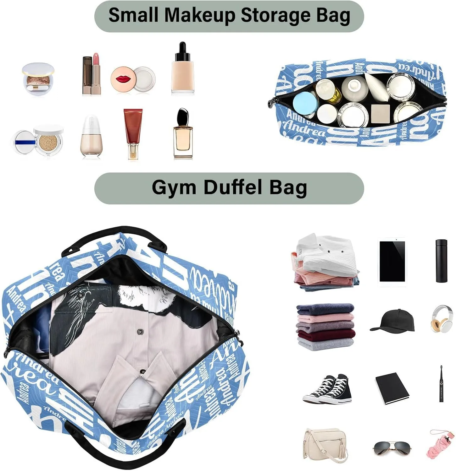 DOMIKING Perennial Blue Personalized Duffel Bag Foldable Weekender Bag Overnight Bags for Women Men Custom Sport Gym Bag with Toiletry Bag for Travel Men Business, 2 Pcs