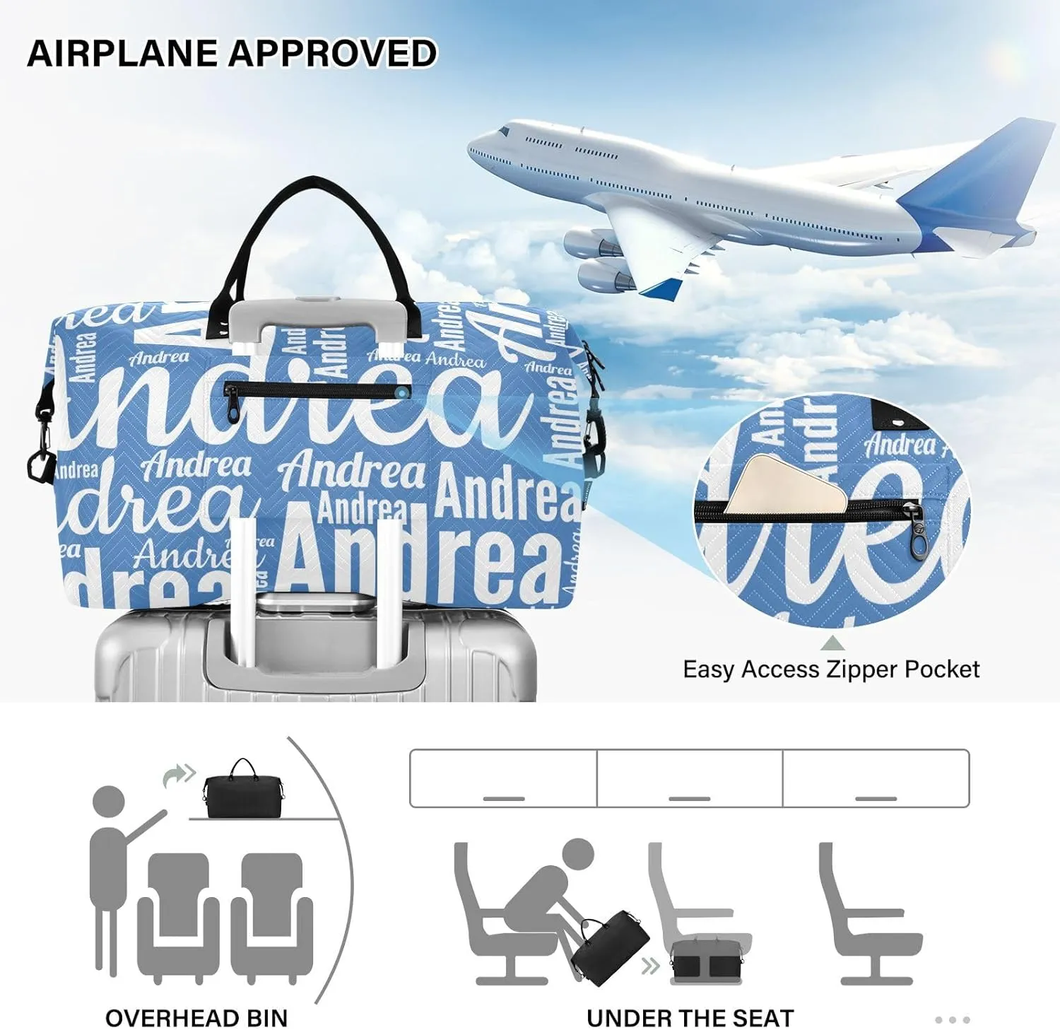 DOMIKING Perennial Blue Personalized Duffel Bag Foldable Weekender Bag Overnight Bags for Women Men Custom Sport Gym Bag with Toiletry Bag for Travel Men Business, 2 Pcs