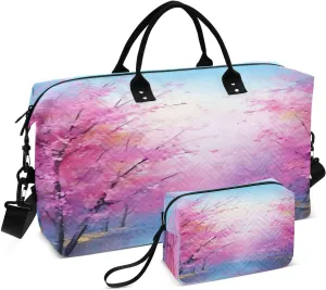 DOMIKING Pink Flowers Path Travel Duffle Bag Foldable Weekender Overnight Bags for Women Men Carry On Luggage Bag Personal Item Travel Bag with Toiletry Bag for Sports Business Trip, 2 Pcs