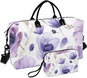 DOMIKING Purple Anemone Flower Travel Duffle Bag Foldable Weekender Overnight Bags for Women Men Carry On Tote Bag Personal Item Travel Bag with Toiletry Bag for Sports Trip Weekend, 2 Pcs