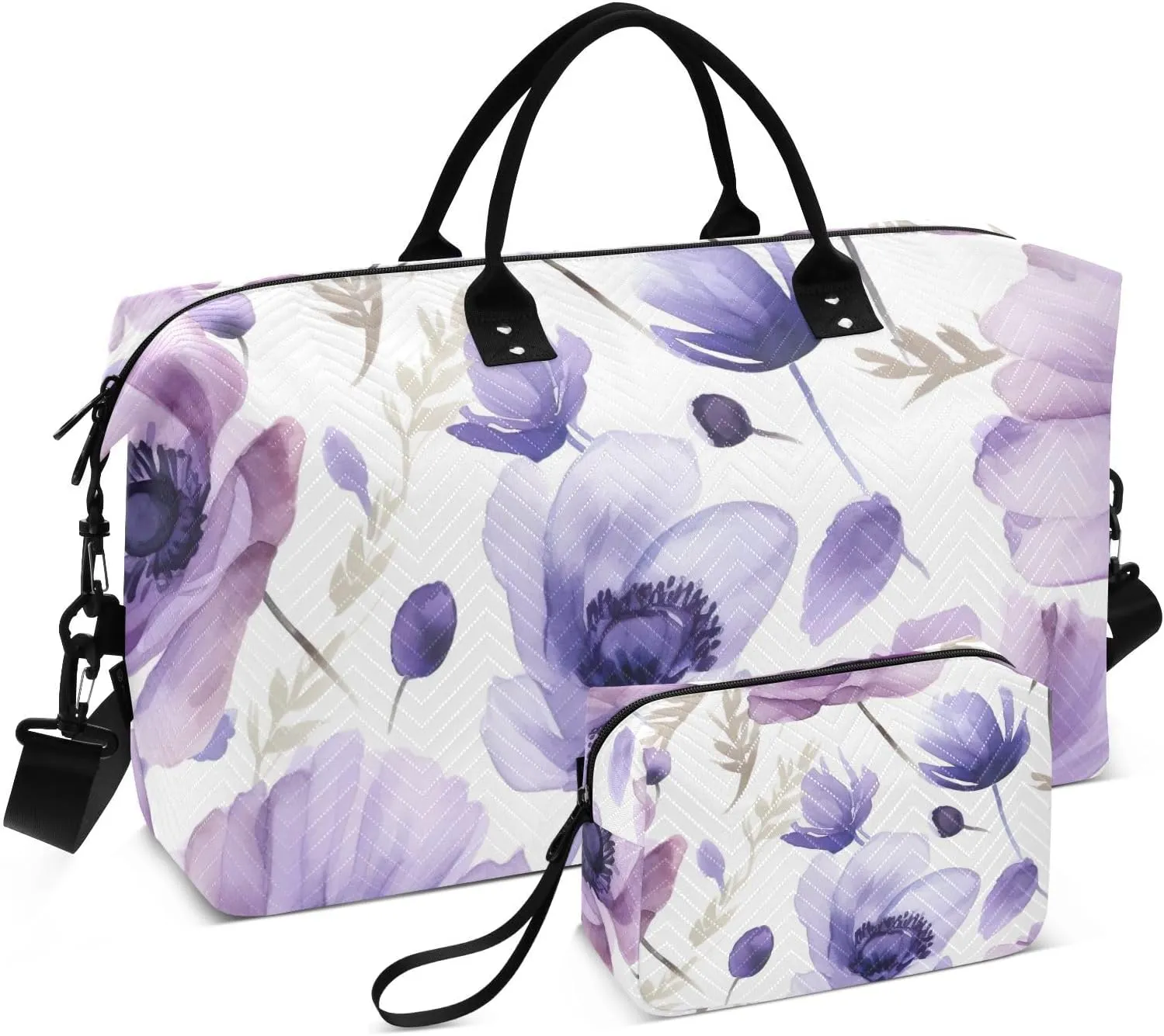 DOMIKING Purple Anemone Flower Travel Duffle Bag Foldable Weekender Overnight Bags for Women Men Carry On Tote Bag Personal Item Travel Bag with Toiletry Bag for Sports Trip Weekend, 2 Pcs