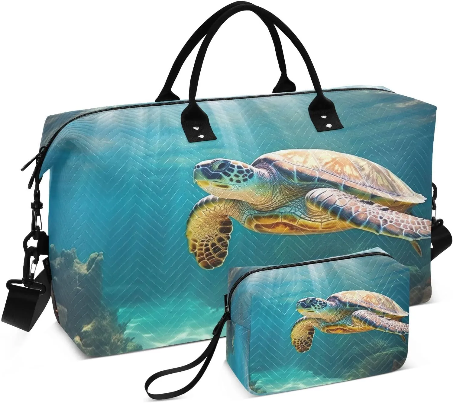 DOMIKING Sea Turtles Ocean Sunlight Travel Duffle Bag Foldable Weekender Overnight Bags for Women Men Carry On Gym Bag Personal Item Travel Bag with Toiletry Bag for Trip Gym Business Yoga, 2 Pcs