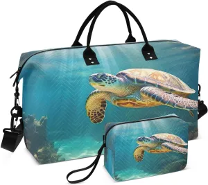 DOMIKING Sea Turtles Ocean Sunlight Travel Duffle Bag Foldable Weekender Overnight Bags for Women Men Carry On Gym Bag Personal Item Travel Bag with Toiletry Bag for Trip Gym Business Yoga, 2 Pcs
