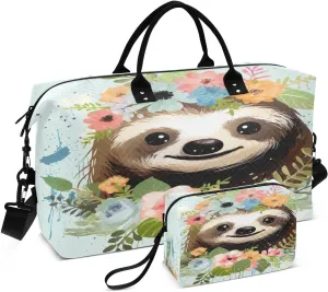 DOMIKING Sloth Tropics Travel Duffle Bag Foldable Weekender Overnight Bags for Women Men Carry On Bag Personal Item Travel Bag with Toiletry Bag for Trip Sport Gym Business, 2 Pcs