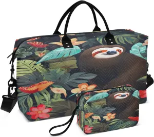DOMIKING Sloth Tropics Travel Duffle Bag Foldable Weekender Overnight Bags for Women Men Carry On Bag Personal Item Travel Bag with Toiletry Bag for Weekend Business Trip, 2 Pcs