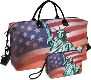 DOMIKING Statue Liberty Us Flag Travel Duffle Bag Foldable Weekender Overnight Bags for Women Men Carry On Bag Personal Item Travel Bag with Toiletry Bag for Business Trip Travel Gym, 2 Pcs