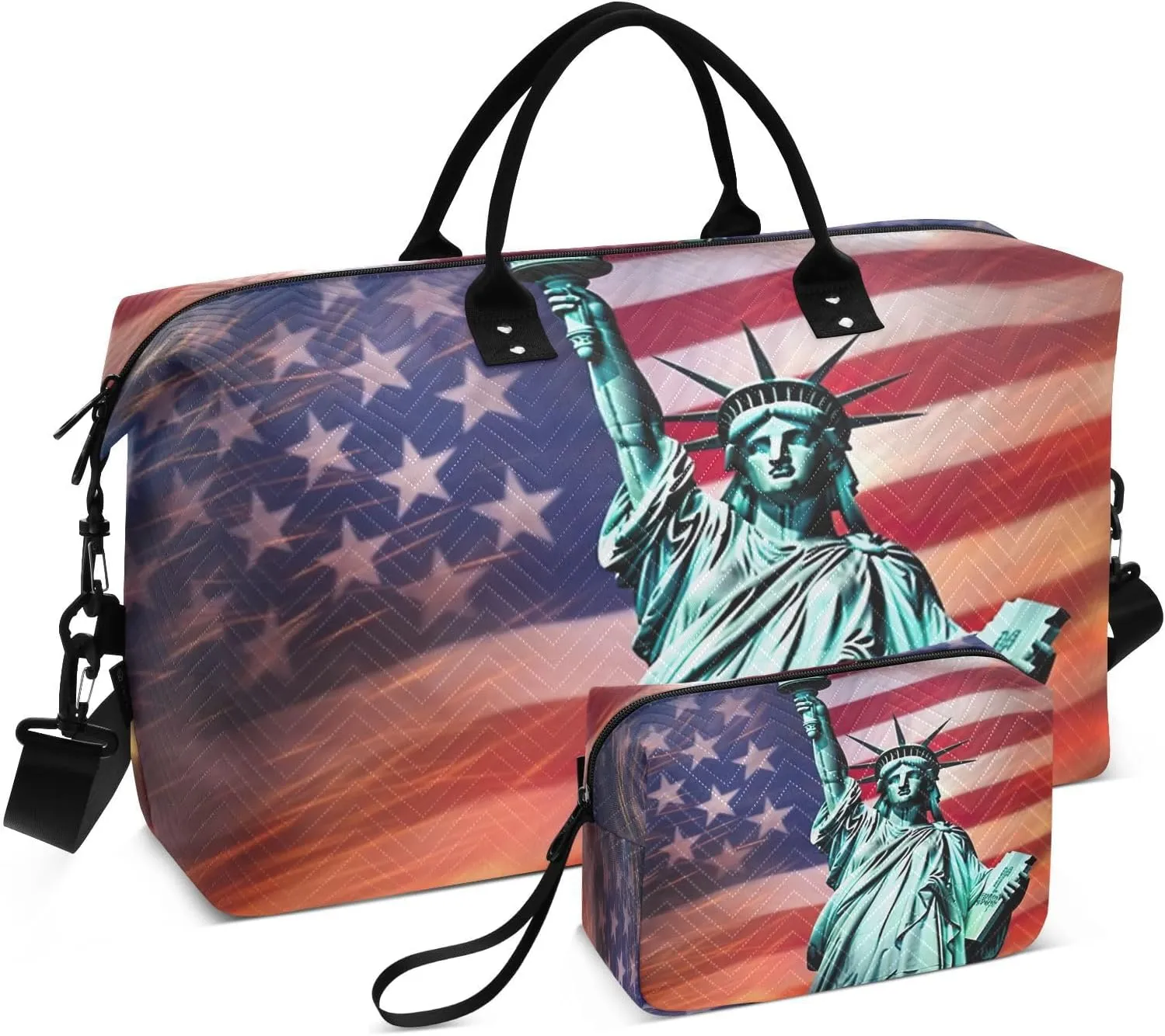 DOMIKING Statue Liberty Us Flag Travel Duffle Bag Foldable Weekender Overnight Bags for Women Men Carry On Bag Personal Item Travel Bag with Toiletry Bag for Business Trip Travel Gym, 2 Pcs