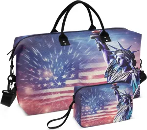 DOMIKING Statue Of Liberty Travel Duffle Bag Foldable Weekender Overnight Bags for Women Men Carry On Gym Bag Personal Item Travel Bag with Toiletry Bag for Trip Sport Gym Business, 2 Pcs