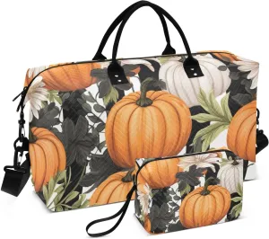 DOMIKING Strips Pumpkins Travel Duffle Bag Foldable Weekender Overnight Bags for Women Men Carry On Bag Personal Item Travel Bag with Toiletry Bag for Business Trip Travel Gym, 2 Pcs