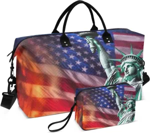 DOMIKING Usa Flag Liberty Statue Travel Duffle Bag Foldable Weekender Overnight Bags for Women Men Carry On Tote Bag Personal Item Travel Bag with Toiletry Bag for Sports Business Trip, 2 Pcs