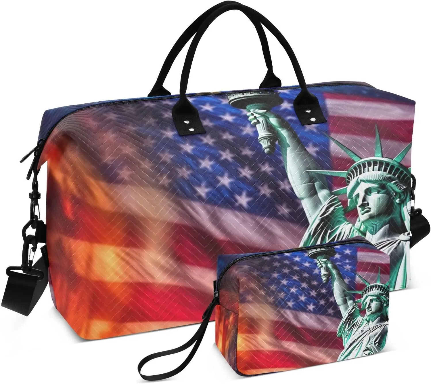 DOMIKING Usa Flag Liberty Statue Travel Duffle Bag Foldable Weekender Overnight Bags for Women Men Carry On Tote Bag Personal Item Travel Bag with Toiletry Bag for Sports Business Trip, 2 Pcs