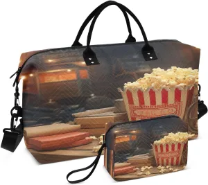 DOMIKING Vintage Popcorn Screening Room Travel Duffle Bag Foldable Weekender Overnight Bags for Women Men Carry On Tote Bag Personal Item Travel Bag with Toiletry Bag for Sports Trip Weekend, 2 Pcs